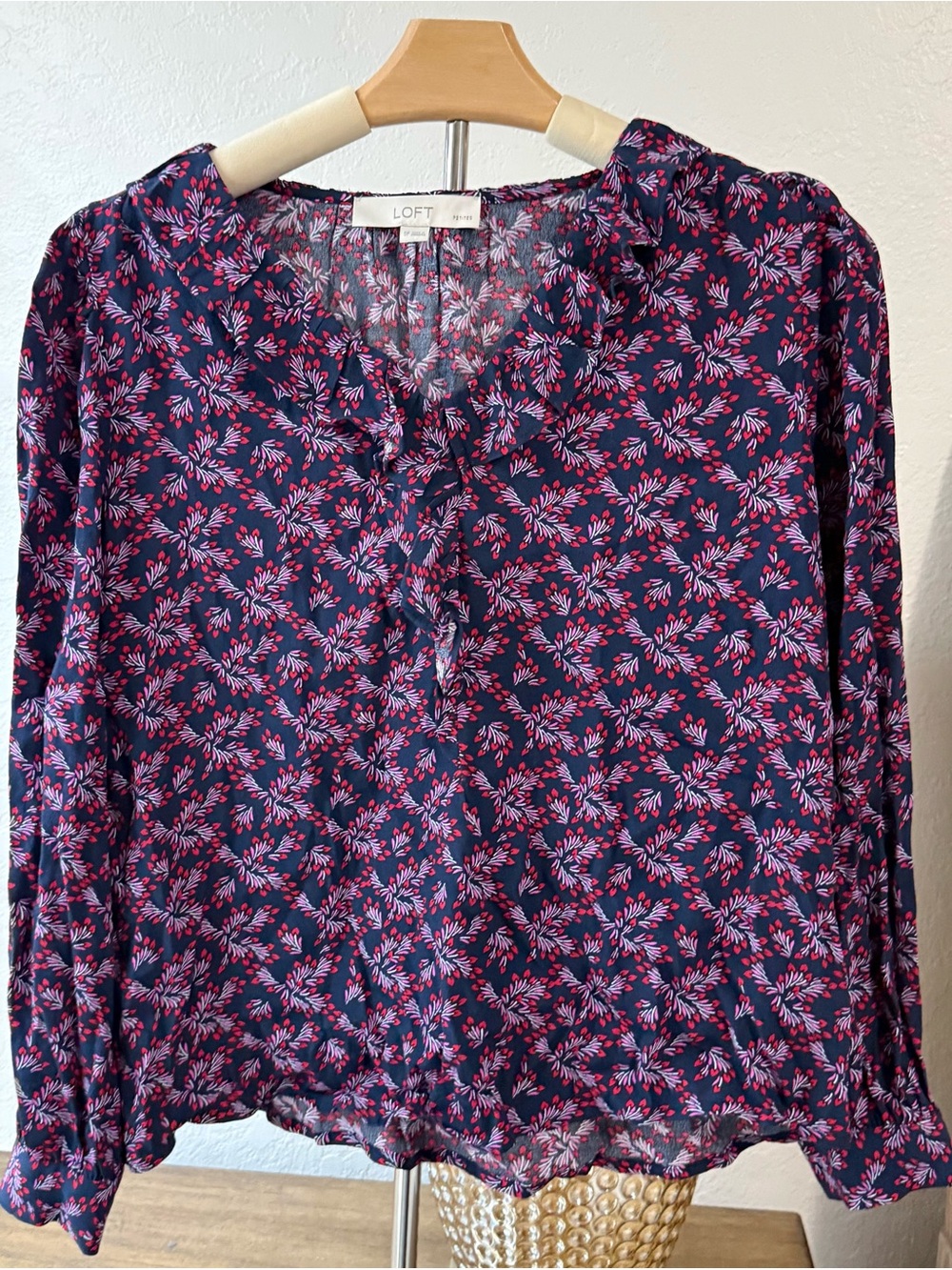 LOFT Navy Floral Split-Neck Blouse with Pink & Red Accents- Size SP